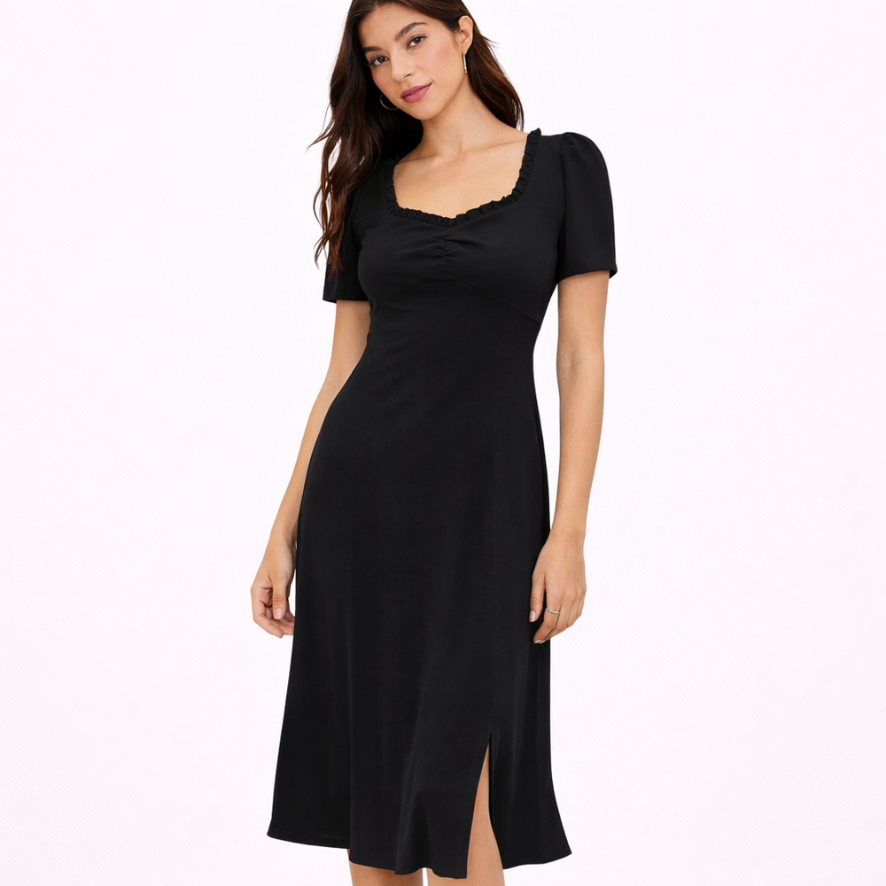 LOFT Black Sweetheart Neck Ruched Puff Sleeve Midi Dress Size 4 NWT